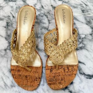 kelly & katie Gold Braided Cork Wedge Thong Sandals Size 10